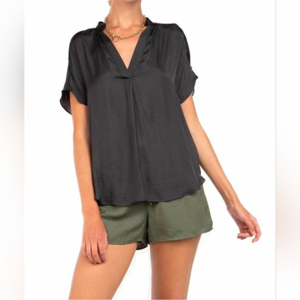 Naked Zebra Charcoal Gray V-Neck Blouse, *NWT* Size Small